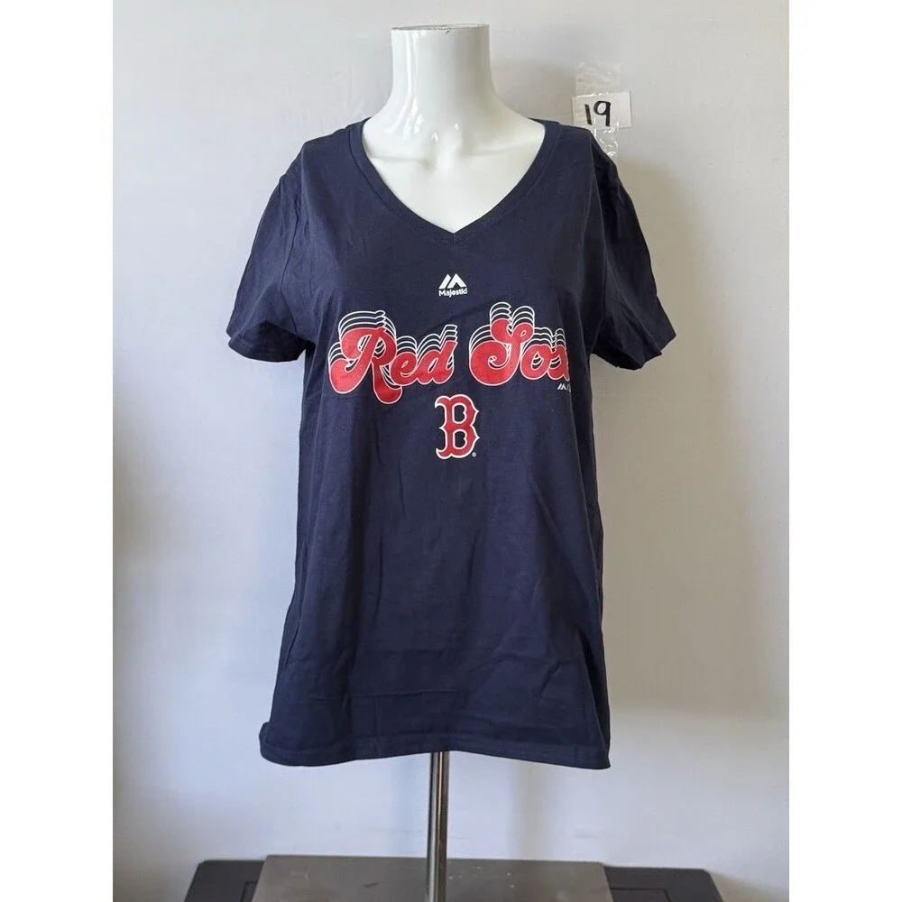Majestic Boston Red Sox Womens Large V Neck Graphic T Shirt MLB Navy Blue